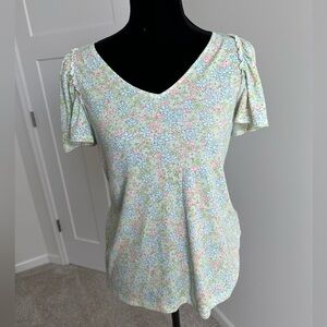 Women’s Christopher & Banks Floral Ribbed‎ Ruffle Sleeve Top